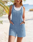Ribbed Round Neck Sleeveless Romper Casual Wide Leg Short Jumpsuit with Pockets