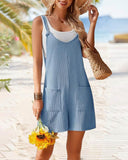 Ribbed Round Neck Sleeveless Romper Casual Wide Leg Short Jumpsuit with Pockets