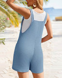 Ribbed Round Neck Sleeveless Romper Casual Wide Leg Short Jumpsuit with Pockets