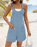 Ribbed Round Neck Sleeveless Romper Casual Wide Leg Short Jumpsuit with Pockets
