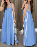 Striped Square Neck Thick Strap Shirred Dress Casual Slit Maxi Dress