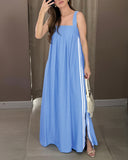 Striped Square Neck Thick Strap Shirred Dress Casual Slit Maxi Dress