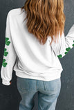 White Sequin lucky Lettering Clover Patched Sleeve Drop Shoulder Sweatshirt