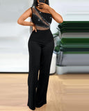 Rhinestone Skew Neck Sleeveless Jumpsuit Sheer Mesh Elegant Overalls