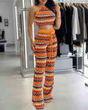 2 Pieces Outfit Striped Print Halter Tied Detail Sleeveless Knit Top and Casual Slim Fit Pants Set