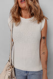 White Solid Color Eyelet Knit Crew Neck Sweater Vest