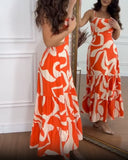 Abstract Print Spaghetti Strap Maxi Dress Casual Hollow Out Ruffles Hem Dress