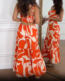 Abstract Print Spaghetti Strap Maxi Dress Casual Hollow Out Ruffles Hem Dress