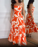 Abstract Print Spaghetti Strap Maxi Dress Casual Hollow Out Ruffles Hem Dress