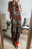 Brown Animal Print Color Contrast Edge Loose Fit Pants Set