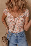 Orange Short Sleeve Floral Ruched Sweetheart Bodysuit