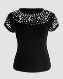 Pearls Decor Round Neck Short Sleeve T Shirt Casual Slim Fit Crop Top