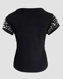 Pearls Decor Round Neck Short Sleeve T Shirt Casual Slim Fit Crop Top