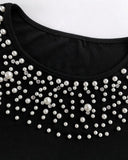 Pearls Decor Round Neck Short Sleeve T Shirt Casual Slim Fit Crop Top