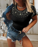 Pearls Decor Round Neck Short Sleeve T Shirt Casual Slim Fit Crop Top