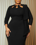 Scalloped Hollow out Neck Long Sleeve Draped Work Dress Cinched Waist Bodycon Dress