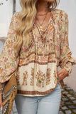 Yellow Floral Print Tie Neck Lantern Sleeve Blouse