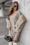 Gray Leopard Print V Neck Loose Fit Mini Dress