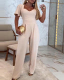 Plunge V Neck Short Sleeve Ruched Jumpsuit Casual Slim Fit Romper