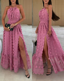Halter 3D Flower Mesh Slit Evening Dress Backless Shirred Ruffle Hem Double Layer Maxi Dress