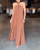 Halter Sleeveless Tied Detail Overall Casual Backless Wide Leg Jumpsuit