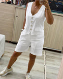 2 Pieces Outfit Sleeveless V Neck Blazer Vest Tank and Casual Pocket Design Shorts Set