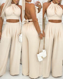2 Pieces Summer Outfits Halter Sleeveless Backless Tied Detail Top and Casual Ruched Wide Leg Pants Set