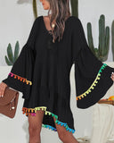 Colorblock V Neck Bell Sleeve A Line Tassel Mini Dress Vacation Dress