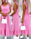 Sholulder Tied Detail Waist Shirred Midi Dress Casual Ruched Ruffles Hem Dress