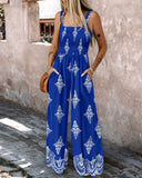 Graphic Print Square Neck Thick Strap Shirred Jumpsuit Wide Leg Overalls with Pockets