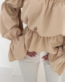 Off the Shoulder Frill Hem Puff Sleeve Blouse Casual Waist Ruched Chiffon Top