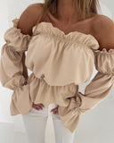 Off the Shoulder Frill Hem Puff Sleeve Blouse Casual Waist Ruched Chiffon Top