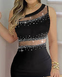 Rhinestone Sheer Mesh Bandeau Slim Fit Sleeveless Sexy Bodycon