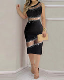 Rhinestone Sheer Mesh Bandeau Slim Fit Sleeveless Sexy Bodycon