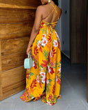 Tropical Floral Print Crisscross Backless Jumpsuit