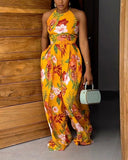 Tropical Floral Print Crisscross Backless Jumpsuit