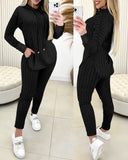 Lace Patch Ribbed Hooded Top & Pocket Design Pants Set