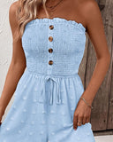 Polka Dot Bandeau Sleeveless Shirred Rompers Casual Button Decor Tied Detail Short Jumpsuit