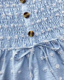 Floral Print Bandeau Shirred Rompers Casual Button Decor Tied Waist Short Jumpsuit