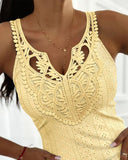 Contrast Lace V Neck Jacquard Knit Tank Casual Hollow Out Skinny Sleeveless Top