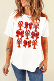 White Crawfish Bow Printed Casual T Shirt