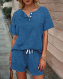 2 Pieces Outfit Round Neck Button Decor Short Sleeve Top and Casual Drastring Shorts Set with Pockets