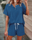 2 Pieces Outfit Round Neck Button Decor Short Sleeve Top and Casual Drastring Shorts Set with Pockets