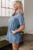 Beau Blue Short Sleeve Collared Patched Pocket Denim Mini Dress