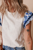 Blue Ricrac Trim Printed Flutter Sleeve Contrast Patchwork Blouse