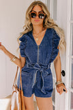 Sail Blue Denim Ruffled Zipped Front Belted Romper