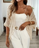 Batwing Sleeve Open Front Hollow out Sweater Coat Casual Asymmetrical Hem Crochet Cardigan