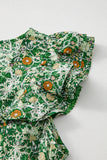 Green Flower Print Flutter Sleeve V Neck Sashed Ruffled Mini Dress