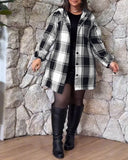 Plaid Print Button Front Tie Cuffs Hoodie Coat With Pockets