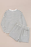 Black white Stripes Printed Half Button Long Sleeve Top and Shorts Set